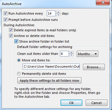 AutoArchive configuration settings
